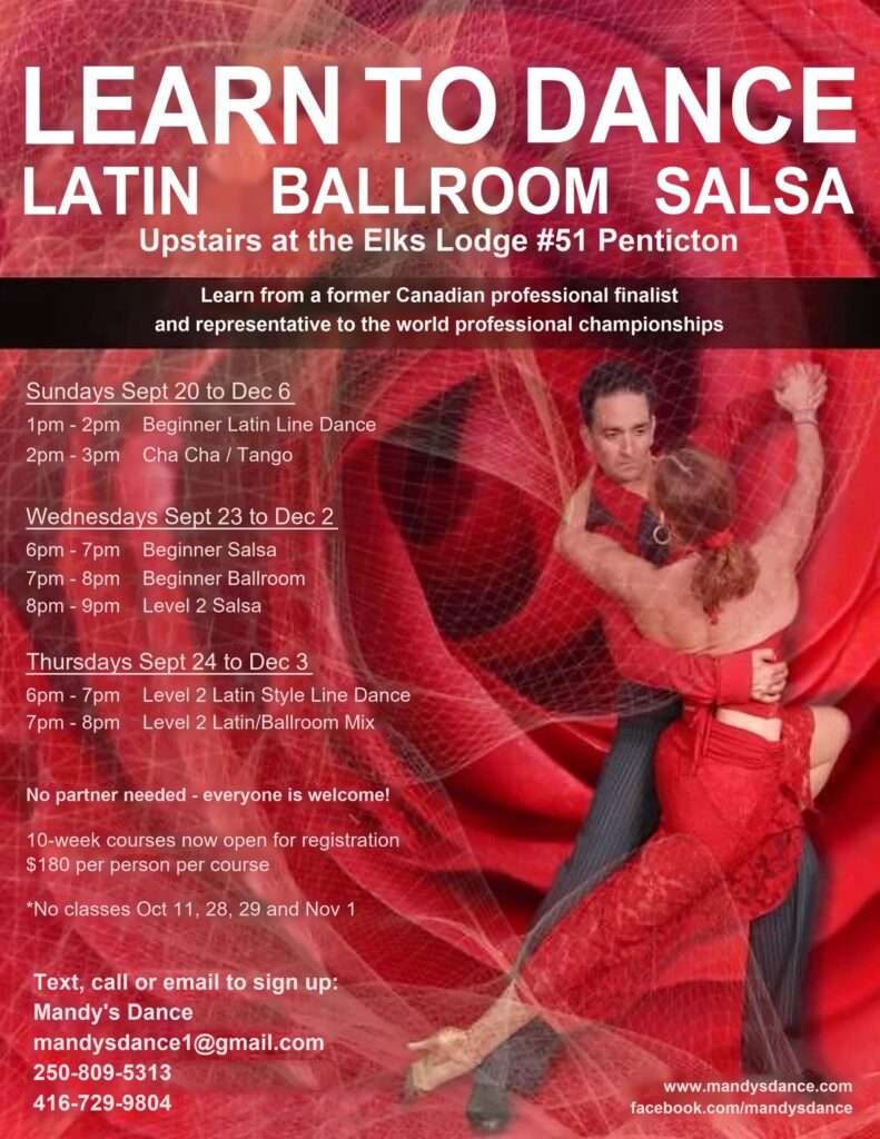 Fall 2026 Latin, ballroom and salsa dance classes upstairs at the Elks Lodge #51 in Penticton, Sept 20 to Dec 6